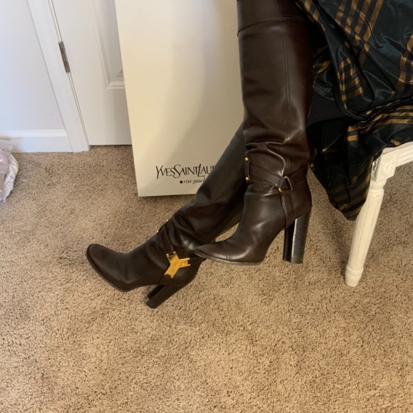 Yves Saint Laurent Dark Brown Heeled Boots with Gold Details - Picture 3 of 13
